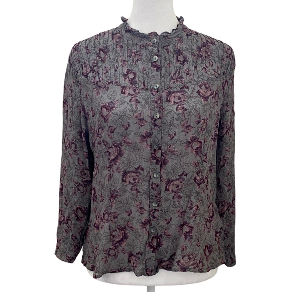 J. Jill Floral Button Blouse - Gray & Purple. Size MP. Stand Up Ruffle Collar.